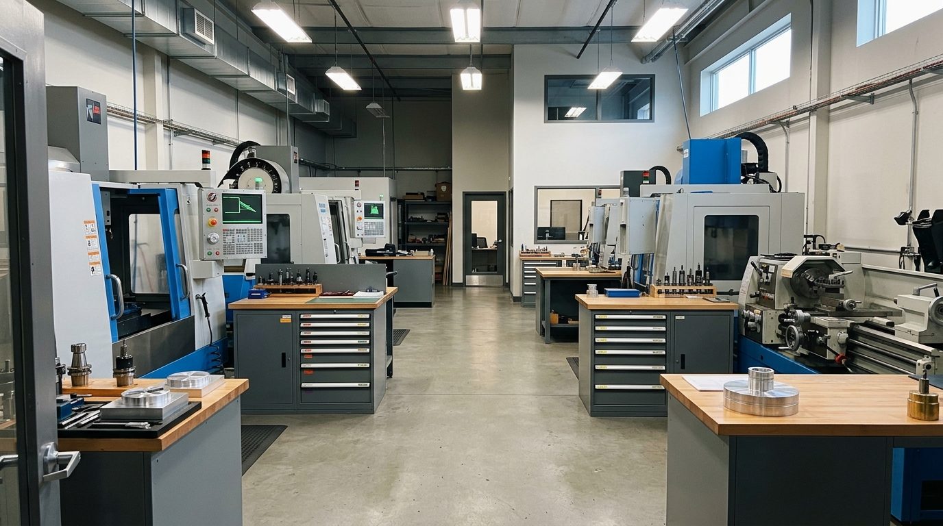 Intérieur de l'atelier d'usinage Usinage Précision LPS à Montréal-Est