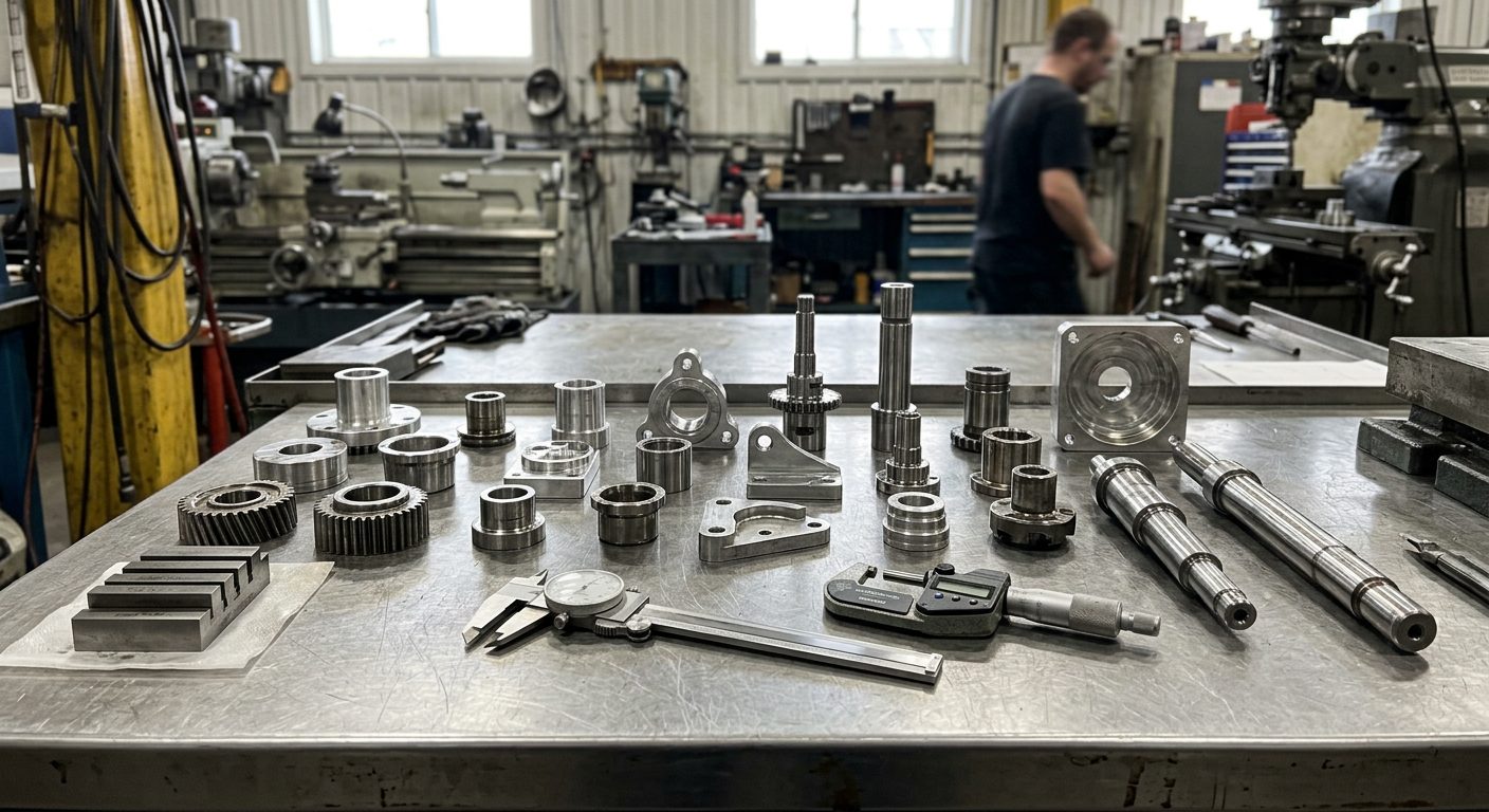 Pièces de précision et instruments de mesure sur table d'inspection chez Usinage Précision LPS