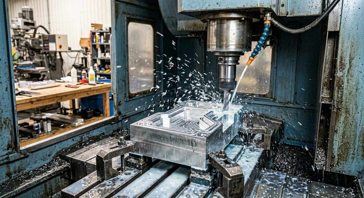 Fraisage CNC d'un bloc d'aluminium sur fraiseuse multi-axes